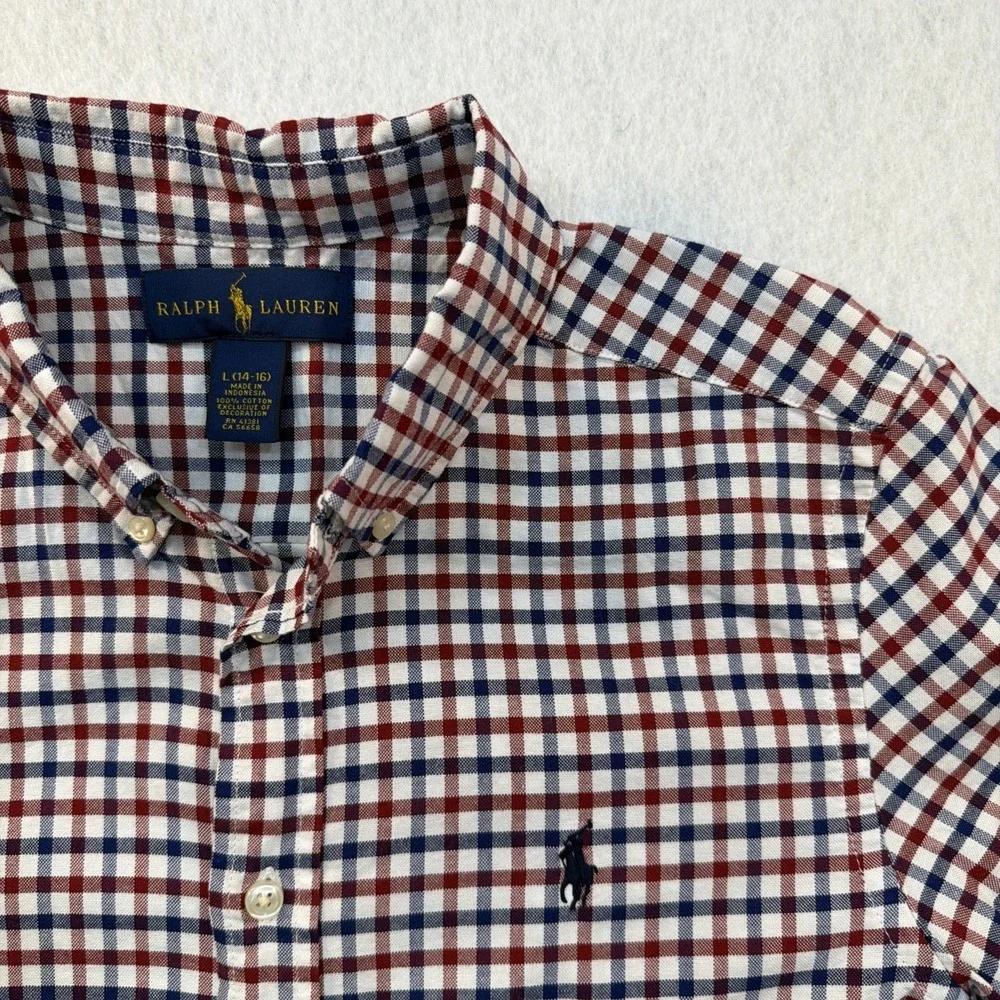 Ralph Lauren Boys Large 14-16 Gingham Button Down Shirt Red Navy Blue Check